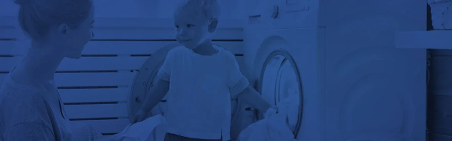 image of mother and son doing laundry together on a transparent blue background