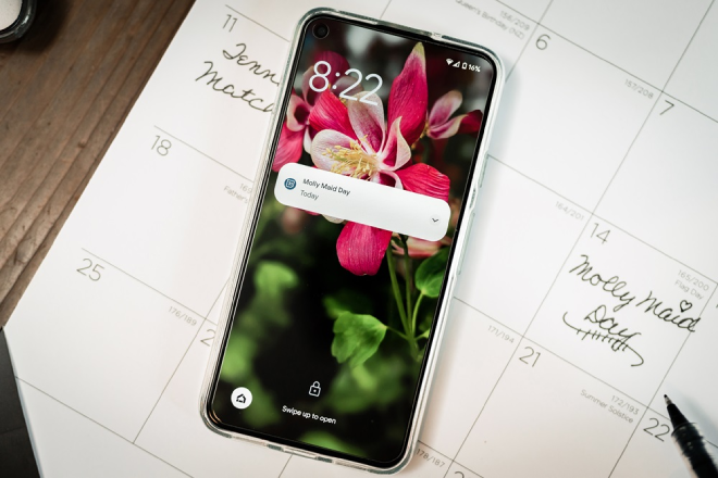 Cell phone on top of a calendar showing a Molly Maid cleaning appointment.