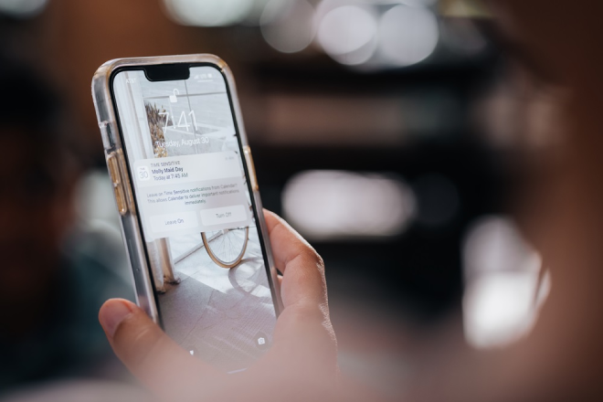 Hand holding up a cell phone that shows a Molly Maid cleaning appointment.