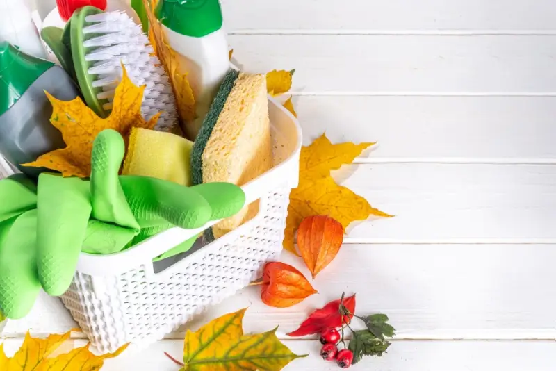 Basket of cleaning supplies and fallen leaves.