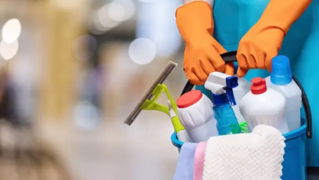 Bucket full of cleaning supplies.