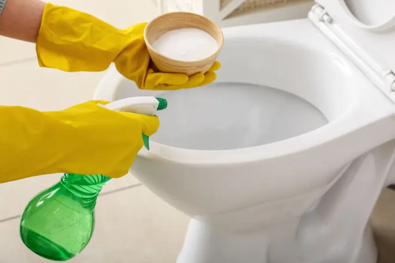 Person using baking soda to clean hard water stains from a toilet.