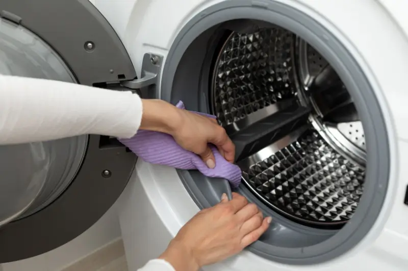 Person cleaning the inside of a washing machine.