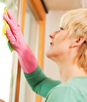 Woman cleaning a window.