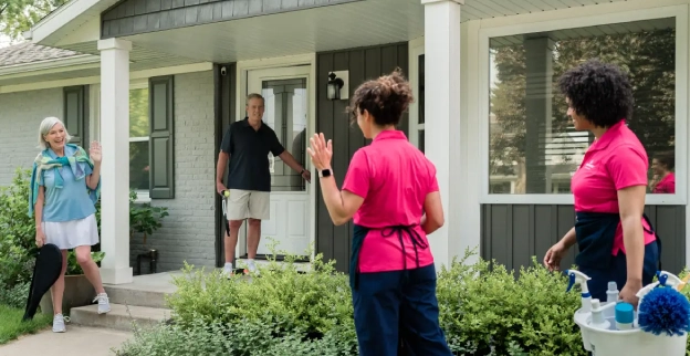 Molly Maid professionals approaching a home as the homeowners leave to play tennis.