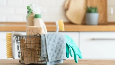 cleaning products in a basket.