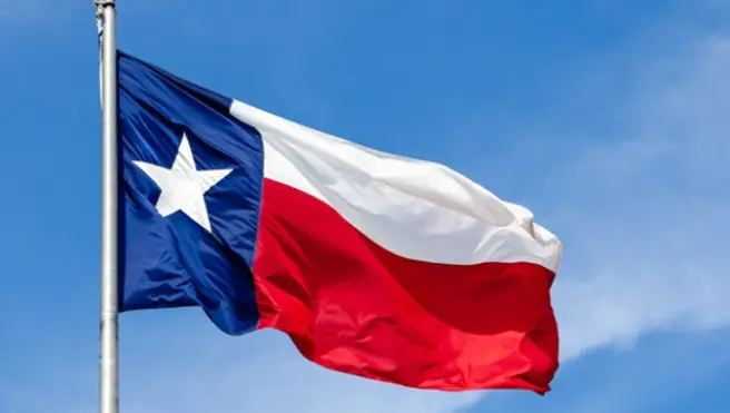 The Texas flag atop a flagpole against a blue sky.