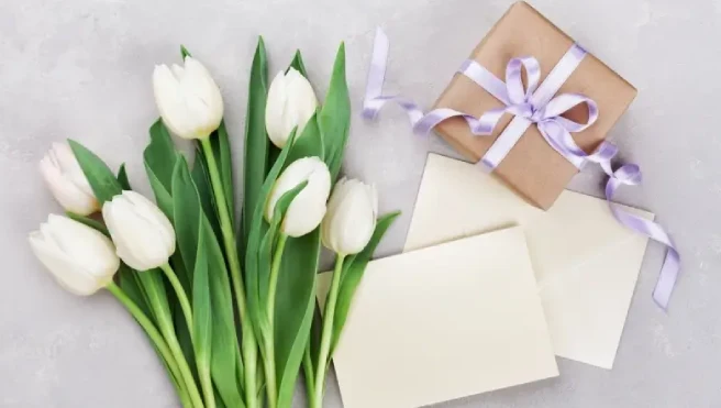 Flowers, cards, and a gift on a table for Mother's Day. 