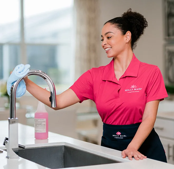 Smiling maid cleaning a kitchen sink.