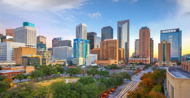 Houston, Texas downtown park and skyline.