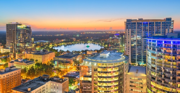 Aerial view of downtown Orlando, FL skyline