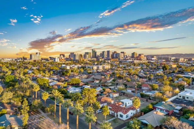 Aerial view of downtown Phoenix, AZ.