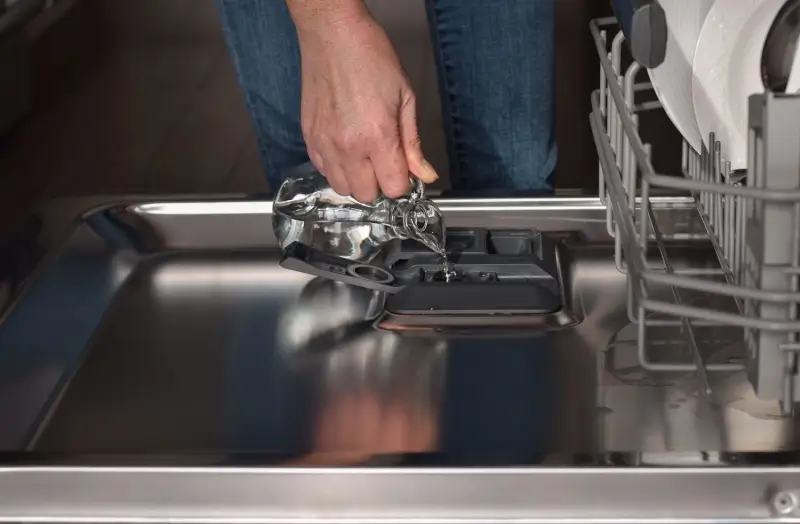 Cleaning professional pouring white vinegar into a dishwasher.