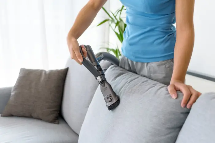 Person cleaning couch cushions