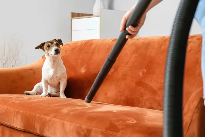 Person cleaning velvet couch