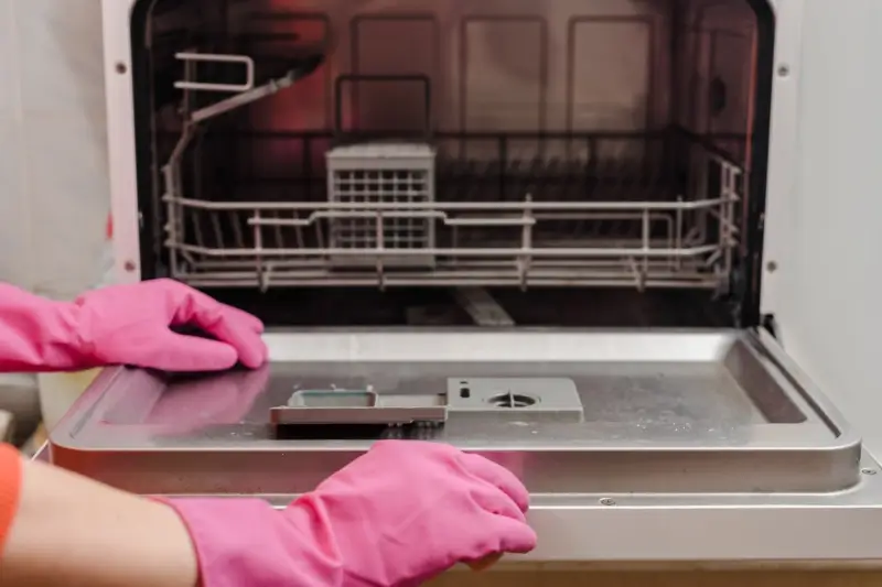 Cleaning professional wiping the inside of a dishwasher.