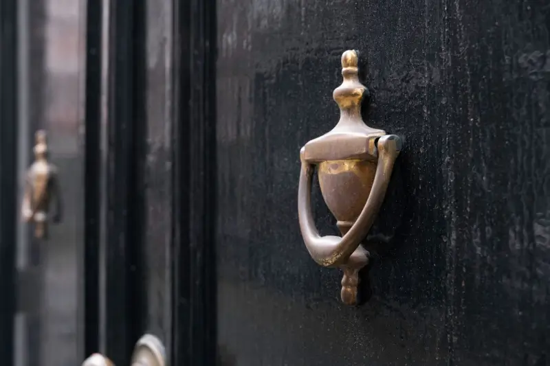 Residential front doors with brass door accents.