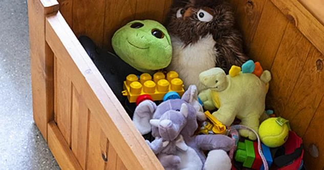 wooden toy box with toys inside