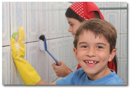 kids cleaning bathroom