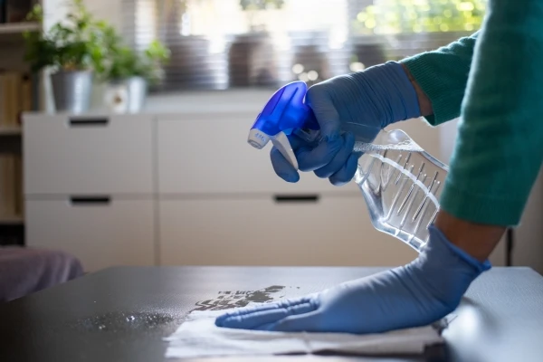 Person wearing blue rubber gloves using a bleach solution in a small plastic spray bottle to clean countertops.