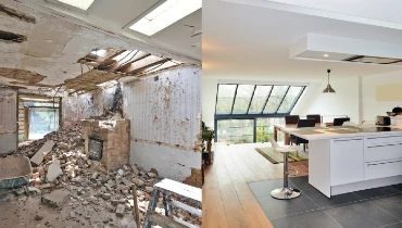 On the left, a gutted room with debris on the floor; on the right, the renovated, furnished dining room and kitchen.