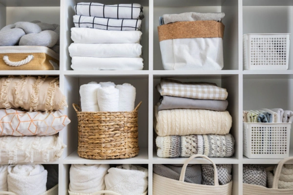 Linens neatly organized in a closet.