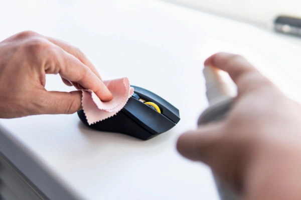 Person wiping computer mouse with rag