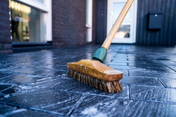 Close up of broom cleaning porch outside of a house