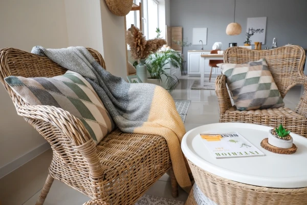 Interior of a modern living room with wicker furniture