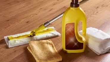 Mop, rags, and cleaning supplies for wood floors