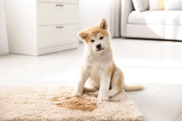 Puppy sitting next to puddle on a rug