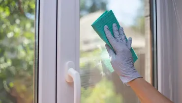 Person cleaning a window in their home