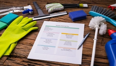 Close-up of various cleaning products around weekly cleaning plan form with pen.