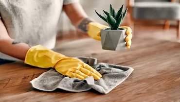 Person wearing yellow rubber gloves dusting furniture with cloth.